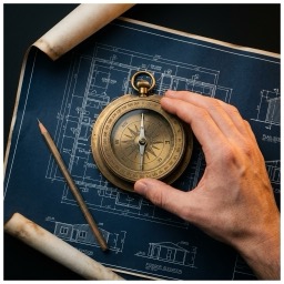 Strategie — Hand mit Messing-Kompass auf Blueprint